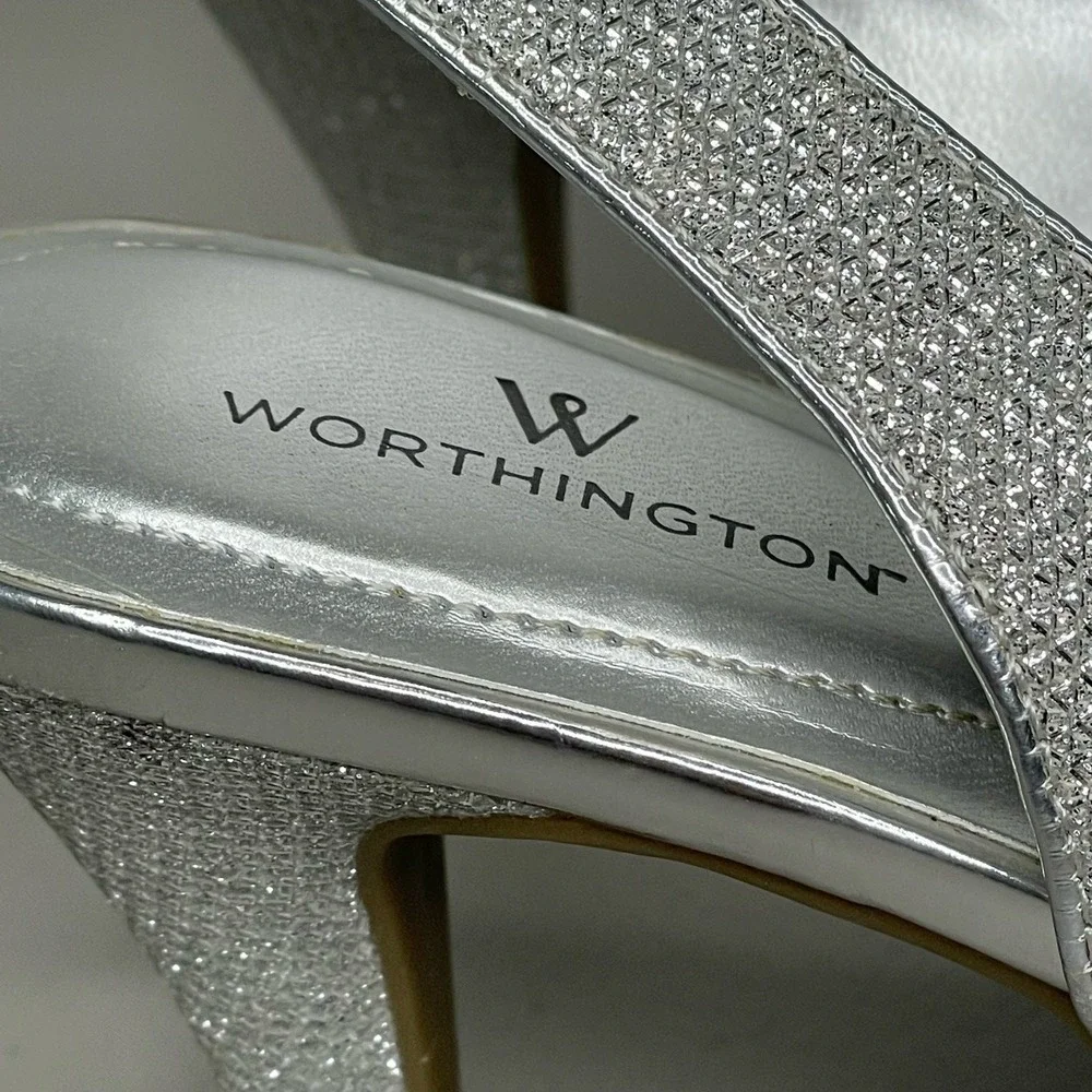Worthington Pump Heels Slingback‎ Ankle Strap Open Toe Studded Silver Size 6.5